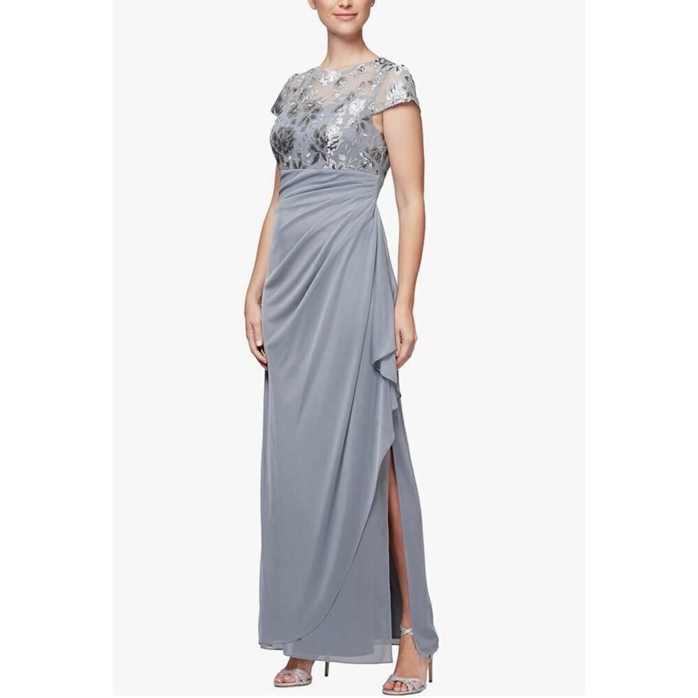 Alex Evenings Maxi Gown Women's 6 Gray Empire Waist Lace Ruched Short Sleeve